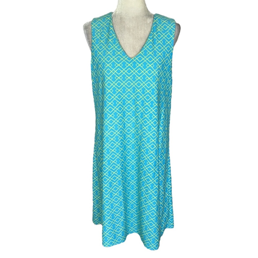 Jude Connally Juliet Aqua Blue Yellow Trellis Trio Printed Tunic Mini Dress - L